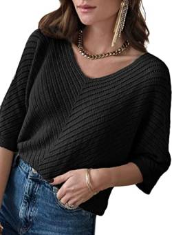 BLENCOT Damen Pullover 2023 Oversize Shirt Casual 3/4 Ärmel Einfarbig V-Ausschnitt Loser Pullover Strick Herbst Pullover Tops von BLENCOT