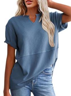BLENCOT Damen Shirts Weich Waffel Stricktop V-Ausschnitt Kurzarm T-Shirts lockere Blusen von BLENCOT