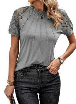 BLENCOT Damen T-Shirt Rundhals Kurzarm Sommer Spitzenshirt Einfarbig Klassic Tops Büro Casual Oberteile von BLENCOT