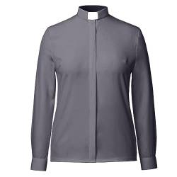 BLESSUME Damen Klerus Hemd Tab Collared Lange Ärmel Button-Down Bluse (Grau, L) von BLESSUME