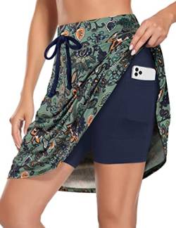 BLEVONH Damen Golf Rock 50,8 cm Knielang Skorts Röcke Kordelzug Taille Tennis Röcke mit Taschen, Orangefarbene Blume, Mittel von BLEVONH