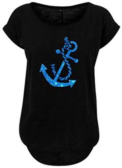 BlingelingShirts Damen Fun Shirt Anker Damen blau Glitzer Anchor maritim Segeln Seefahrt Schiff Hafen. schwarz. Gr. S Evi von BLINGELING