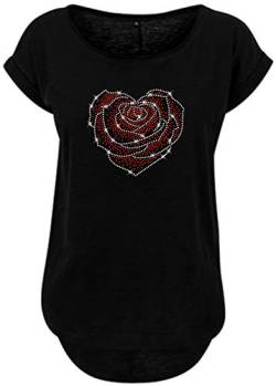 BlingelingShirts Damen Fun Shirt Rosenherz kristall und rot Rose im Herz Rosenmotiv. schwarz. Gr. L Evi von BLINGELING