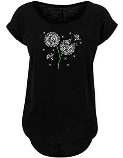 BlingelingShirts Damen Shirt Große Größen Pusteblume Strass kristall und grün Blume Löwenzahn Blumenmotiv. schwarz. Gr. 3XL Evi von BLINGELING