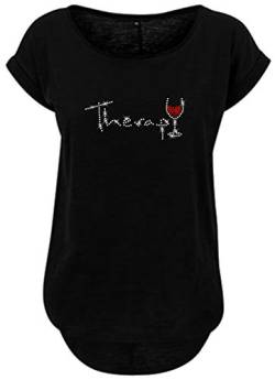 BlingelingShirts Fun Shirt Damen Sprüche Alkohol Therapy Y als Weinglas Shirt Spruch Damen JGA Glitzer kristall rot, schwarz, Gr. M Evi von BLINGELING