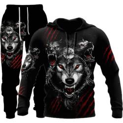 BLOORI Herren Wolf Druck Trainingsanzug Männer 3D Printed Jogginganzug Hoodie Tops Hosen Sets Sport Anzug (wolf3,2XL) von BLOORI