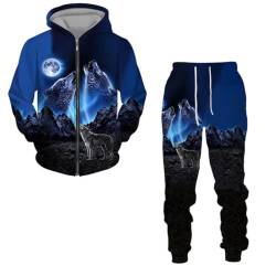 BLOORI Wolf Kapuzenpullover Set 3D Drucken Wolf Kapuzenpullover + Jogginghose Jogginganzug Sportanzug Männer Jogging Sweatshirt Hose (wolf7,S) von BLOORI