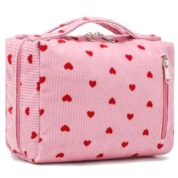 Bluboon Kulturbeutel, Reise-Make-up-Tasche, tragbare Kosmetiktasche, Organizer für Damen und Mädchen, Corduroy Heart Pink von BLUBOON