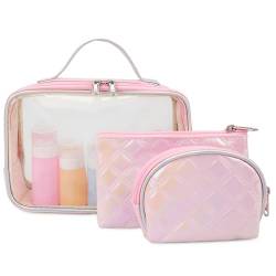 Bluboon Make-up-Tasche, Reise-Kulturbeutel, transparent, Geschenk für Mädchen, Frauen, wasserdicht, Make-up-Tasche, Reißverschluss, 3 Stück, Pink, Transparente Make-up-Tasche von BLUBOON