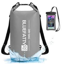 BLUEFATTY Wasserdichter Dry Bag Schwimmender Roll-Top-Trockenrucksack für Kajakfahren, Rafting, Bootfahren, SUP, Angeln mit IPX8 wasserdichter Handyhülle, Grau, 20L von BLUEFATTY