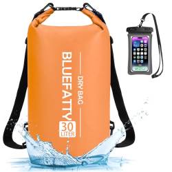 BLUEFATTY Wasserdichter Dry Bag Schwimmender Roll-Top-Trockenrucksack für Kajakfahren, Rafting, Bootfahren, SUP, Angeln mit IPX8 wasserdichter Handyhülle, Orange, 30L von BLUEFATTY