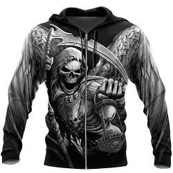 BLUKU Herren Skull Tattoo Neuheit Pullover Hoodie, Gothic Realistischer 3D-Druck Unisex Casual Sweatshirt Kordelzug Unisex (Color : Zip Hoodies, Size : XXXX-Large) von BLUKU