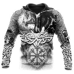 Nordischer Mythos Wolf Odin Rabe Sweatshirt Freizeitjacke, Wikinger Kompass Tattoo Keltisch 3D-gedruckter Kapuzenpullover mit durchgehendem Reißverschluss, Unisex-Sportbekleidung ( Color : Hoodies , S von BLUKU