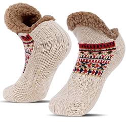 BLURBE Herren-Hausschuhe, flauschige Socken, Winter, Thermo-Strick, dickes Fleece-gefüttert, warm, superweich, gemütlich, rutschfest, groß, flauschig, mit Greifern für Herren, Zuhause, khaki, 44 EU von BLURBE