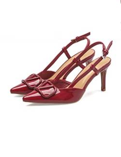 Hochhackige Sandalen Spitzschuh High Heels V-Schnalle EIN Wort mit hohler Feinform mit hohen Absätzen Römische Einzelschuhe weiblich (Color : Burgundy, Size : 36 EU) von BMBFLZN