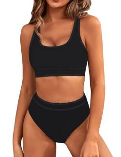BMJL Damen-Bikini-Set mit hoher Taille, sportlich, zweiteilig, Farbblock, frech, hoch geschnitten, Badeanzüge, Einfarbiges Schwarz 011, Medium von BMJL