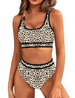 BMJL Damen-Bikini-Set mit hoher Taille, sportlich, zweiteilig, Farbblock, frech, hoch geschnitten, Badeanzüge, Leopardenmuster 011, S von BMJL