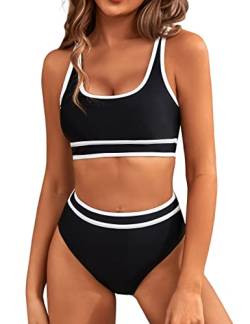 BMJL Damen-Bikini-Sets mit hoher Taille, sportlich, zweiteiliger Badeanzug, Farbblock, frecher, hoch geschnittener Badeanzug, Black011, XL von BMJL