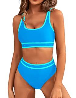 BMJL Damen-Bikini-Sets mit hoher Taille, sportlich, zweiteiliger Badeanzug, Farbblock, frecher, hoch geschnittener Badeanzug, blau011, Large von BMJL