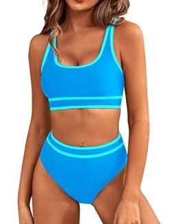 BMJL Damen-Bikini-Sets mit hoher Taille, sportlich, zweiteiliger Badeanzug, Farbblock, frecher, hoch geschnittener Badeanzug, blau011, Medium von BMJL