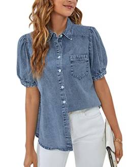 BMJL Damen Denim Shirt Business Casual Button Down Arbeit Blusen Puffärmel Sommer Tops, blau, Klein von BMJL