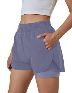 BMJL Damen-Lauf-Shorts, elastischer Bund, hohe Taille, Taschen, sportliche Workout-Shorts, Fitnessstudio, athletische Shorts, Bluegrey, Groß von BMJL