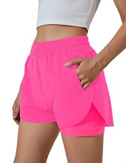 BMJL Damen-Lauf-Shorts, elastischer Bund, hohe Taille, kurze Tasche, sportliche Workout-Shorts, Fitnessstudio, athletische kurze Hose, Knallpink (Hot Pink), Klein von BMJL