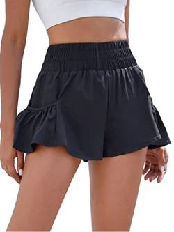 BMJL Damen-Shorts, hohe Taille, Laufshorts, Workout, Fitnessstudio, schnelltrocknend, fließende Shorts mit Taschen, Black48, Mittel von BMJL