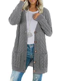 BMJL Strickjacke Damen Lang Offene Knöpfen Grobstrickjacke Cardigan Taschen Strickgewirk Pullover Mantel (M, Grau) von BMJL