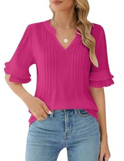 BMJL Weiße Damen-Blusen aus Chiffon, elegant, Business, Freizeit, Arbeit, Oberteil, Rüschen, kurzärmelig, V-Ausschnitt, Sommerhemd 2024, Knallpink (Hot Pink), X-Groß von BMJL