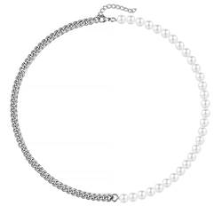 BMMYE Herren Perlenkette Halbperle Halbkette Edelstahl Silber Kubanische Gliederketten 22 Zoll Collar de Perlas para Hombre von BMMYE