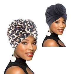 1 Pack/2 Packs/4 Packungen Damen-Turban mit afrikanischem Muster, Knoten, Kopfbedeckung, vorgebundene Haube, Chemo-Kappe, Haarausfall-Mütze, A2, 2 Packungen, Einheitsgröße von BOBIBI