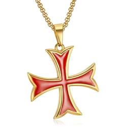 BOBIJOO JEWELRY - Anhänger Halskette-Templer Kreuz Pattée Acht Spitzen Eingefahren Stahl-Gold Vergoldet Plattiert, E-Mail Rot von BOBIJOO JEWELRY