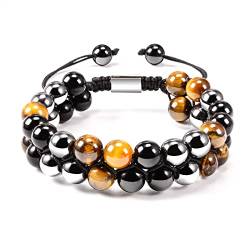 BOCHOI Tigerauge Armband Heilung Naturstein Perlenarmband für Männer Bringt Glück und Wohlstand Herren Damen Armband mit Dreifachschutz 8mm Schwarz Blau Hämatit von BOCHOI