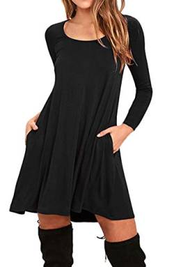 BOFETA Damen Freizeitminikleid Langarmkleid Mit Tasche T-Shirt Kleid Schwarz S von BOFETA