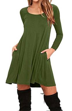 BOFETA Damen Langarm Kleid Legeres Minikleid Mit Tasche T-Shirt Kleid Army Grün S von BOFETA