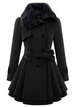 BOFETA Damen Zweireiher Kunstpelz Kragen Jacke Revers Erbsenmäntel Winter Langer Trenchcoat Mit Gürtel Eleganter Swing Mantel Schwarz M von BOFETA