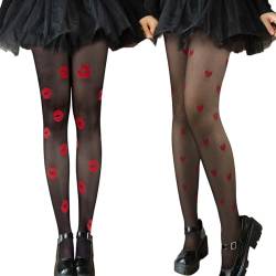 BOFUNX 2 Paar Damen Strumpfhose mit roten Herzen und Lippen, schwarz Strumpfhosen mit Muster Feinstrumpfhose für Valentinstag Fasching Festival Party von BOFUNX