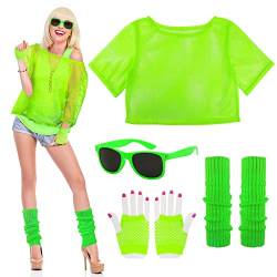 BOFUNX 80er Kostüm Zubehör Damen Herren Neon Netzoberteil Brille Netzhandschuhe Beinstulpen Neon Outfit Fasching Karneval Cosplay Kostüme Accessoires von BOFUNX