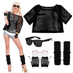 BOFUNX 80er Kostüm Zubehör Damen Herren Neon Netzoberteil Brille Netzhandschuhe Beinstulpen Neon Outfit Fasching Karneval Cosplay Kostüme Accessoires von BOFUNX