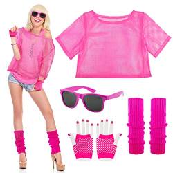 BOFUNX 80er Kostüm Zubehör Damen Herren Neon Netzoberteil Brille Netzhandschuhe Beinstulpen Neon Outfit Fasching Karneval Cosplay Kostüme Accessoires von BOFUNX