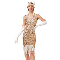 BOFUNX Damen 1920s Pailletten Kleid V-Ausschnitt Knielang Flapper Fransenkleid Gatsby Motto Cocktailkleid Abendkleid Partykleid L von BOFUNX