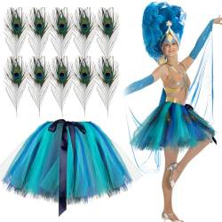 BOFUNX Damen Pfau Kostüm, Tüllrock Blau Grün Tutu Rock + 10 Stücke Pfauenfedern für Fasching Karneval Mottoparty Kostüm Accessoires von BOFUNX