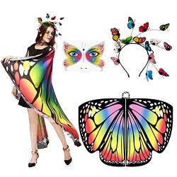 BOFUNX Damen Schmetterling Kostüm Umhang + Schmetterling Haarreif + Schmetterling Gesicht Aufkleber Schmetterlingsflügel Erwachsene für Halloween Fasching Party Cosplay von BOFUNX