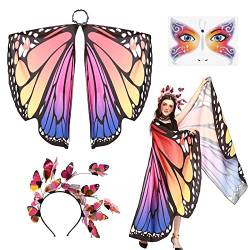 BOFUNX Damen Schmetterling Kostüm Umhang + Schmetterling Haarreif + Schmetterling Gesicht Aufkleber Schmetterlingsflügel Erwachsene für Halloween Fasching Party Cosplay von BOFUNX