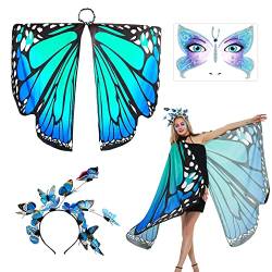 BOFUNX Damen Schmetterling Kostüm Umhang + Schmetterling Haarreif + Schmetterling Gesicht Aufkleber Schmetterlingsflügel Erwachsene für Halloween Fasching Party Cosplay von BOFUNX