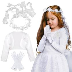 BOFUNX Kommunion Mädchen Bolero Schulterjacke + Kommunion Haarkranz Haarband + Weiße Schleife Handschuhe für Erstkommunion Blumenmädchen Hochzeit 140CM von BOFUNX