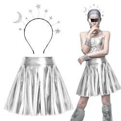 BOFUNX Metallischer Faltenrock glänzend Kurz Rock + Sterne Mond Haarreif für Karneval Mottoparty Space Girl Alien Kostüm Zubehör von BOFUNX
