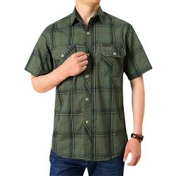 BOLENN Kariert Hemd Herren Kurzarm Lose Hemd Revers Knopfleiste Freizeithemd Herren Sommer Casual Western Hemd Mit Taschen Arbeitshemden Männer F-Army Green2 4XL von BOLENN