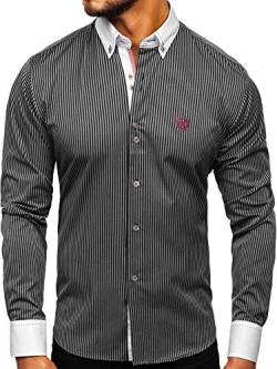 BOLF Herren Hemd Langarm Button-Down Kragen Slim Fit Streifen Muster Casual Style 9717 Schwarz L [2B2] von BOLF